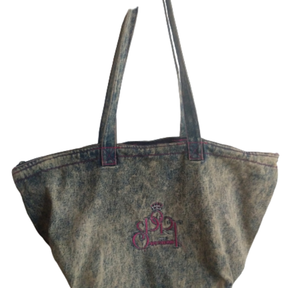 1980s Purse Denim Acid Wash Bag Hobo Denim Zipper Embroidery Detail